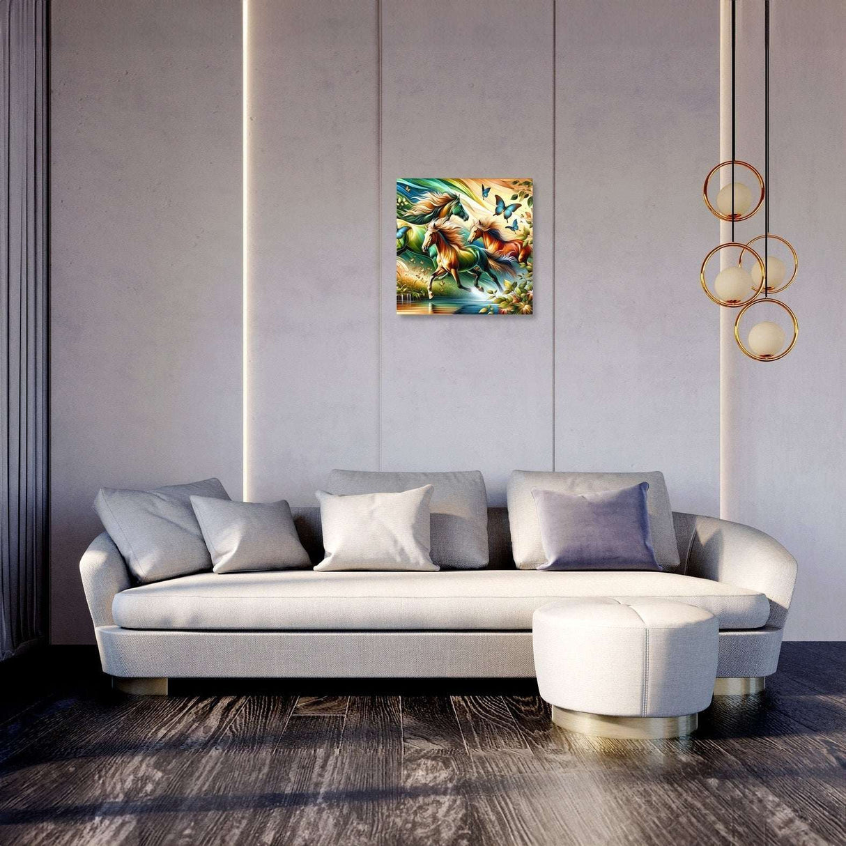 Vibrant Wall Art Canvas depicting a serene landscape hanging above a modern sofa in a stylish room