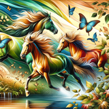 Vibrant wall art canvas featuring galloping horses in a scenic landscape with butterflies