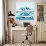 HOME ART HAVEN Wall Art Canvas featuring a serene icy landscape with mountains and floating icebergs in a modern interior