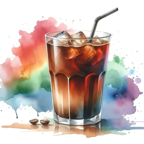 Vibrant Wall Art Canvas featuring a refreshing iced coffee in a glass with colourful splash background
