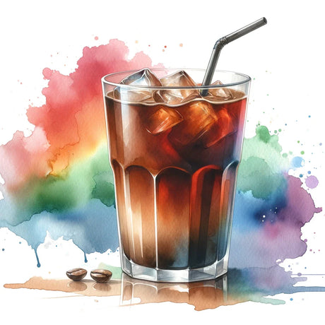 Vibrant Wall Art Canvas featuring a refreshing iced coffee in a glass with colourful splash background