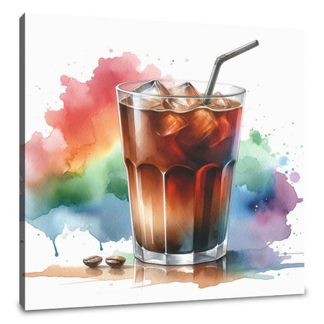 Colourful wall art canvas featuring a refreshing iced coffee drink with ice and a straw