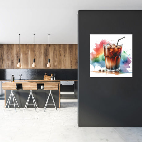 Colourful Wall Art Canvas depicting a refreshing iced drink with vibrant splashes in a modern kitchen