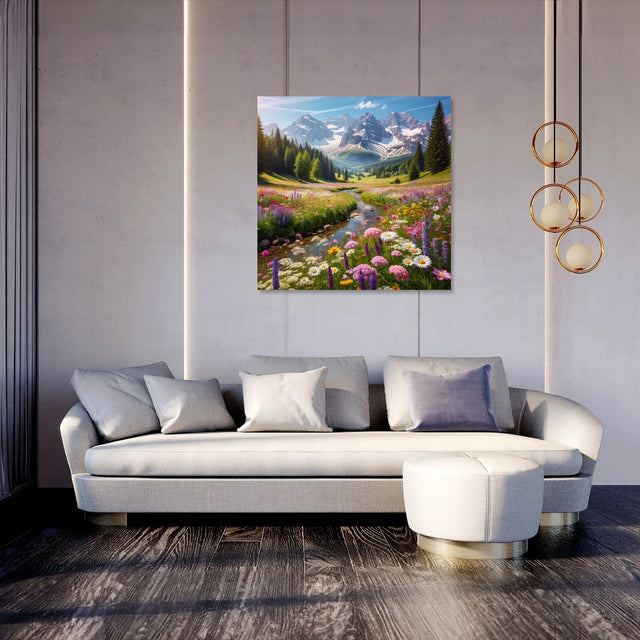 Beautiful Wall Art Canvas featuring a serene mountain landscape with blooming flowers, enhancing living room decor