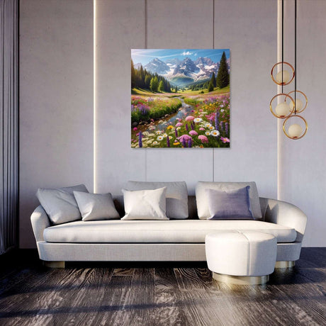 Beautiful Wall Art Canvas featuring a serene mountain landscape with blooming flowers, enhancing living room decor