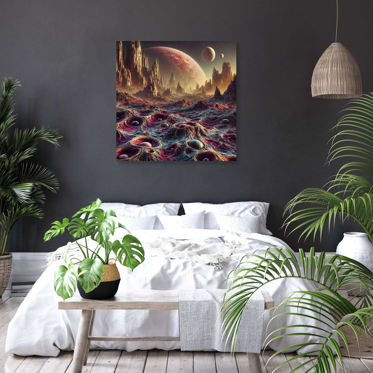 Stunning Wall Art Canvas featuring a cosmic landscape with vibrant planets and textured terrain