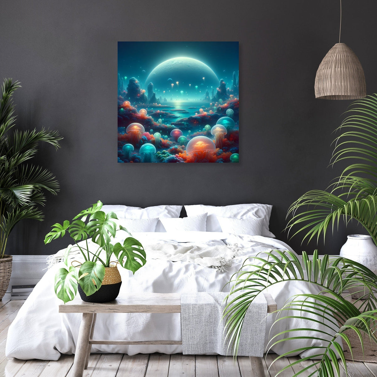 Stunning wall art canvas featuring a cosmic landscape with vibrant colours and serene atmosphere
