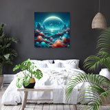 Stunning wall art canvas featuring a cosmic landscape with vibrant colours and serene atmosphere