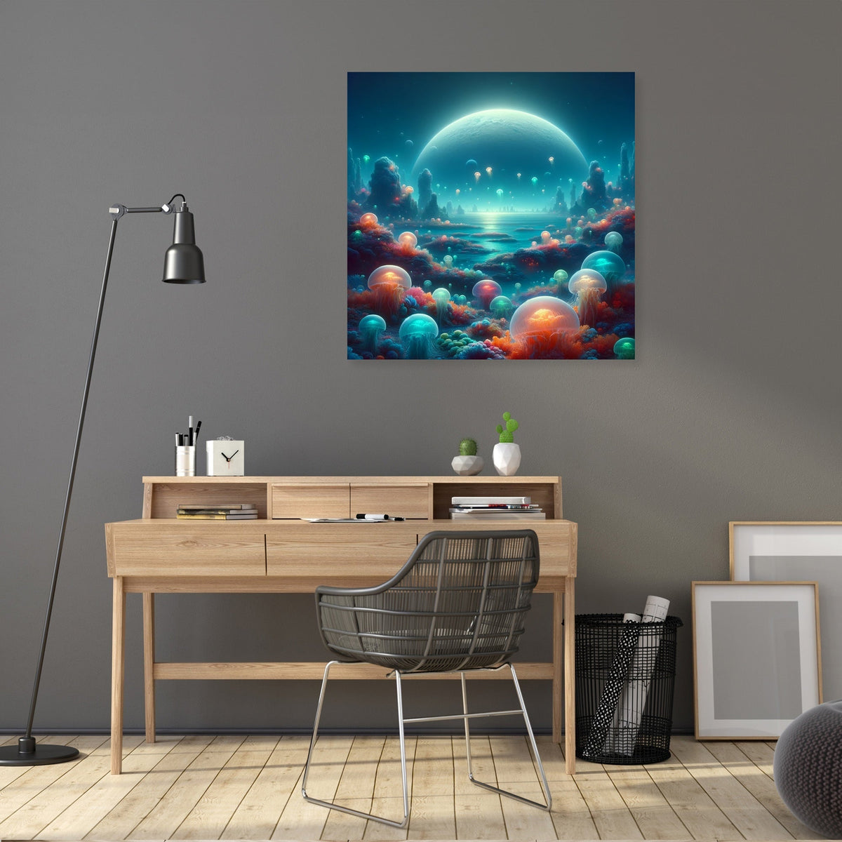 Stunning wall art canvas featuring a cosmic scene with vibrant planets and serene landscapes