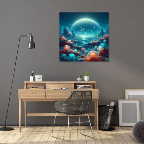 Stunning wall art canvas featuring a cosmic scene with vibrant planets and serene landscapes