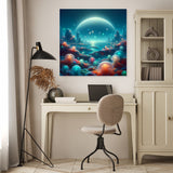 Vibrant Wall Art Canvas depicting a cosmic landscape with planets and colourful clouds in a modern office setting