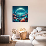 Beautiful wall art canvas featuring a dreamy cosmic landscape with planets and colourful orbs