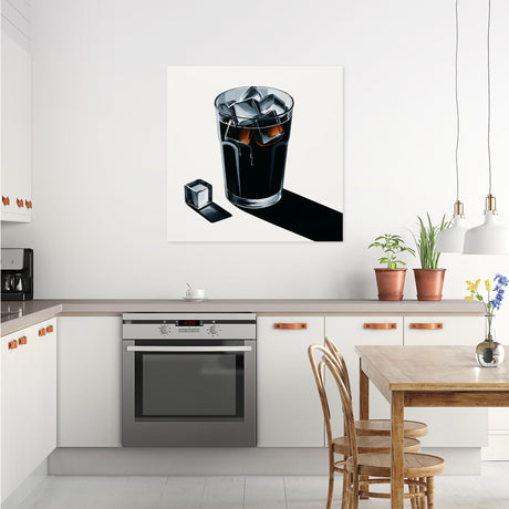 Wall Art Canvas featuring a glass of iced beverage and ice cubes in a modern kitchen setting