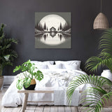 Serene Wall Art Canvas featuring a cabin by a lake surrounded by trees in a tranquil monochrome setting