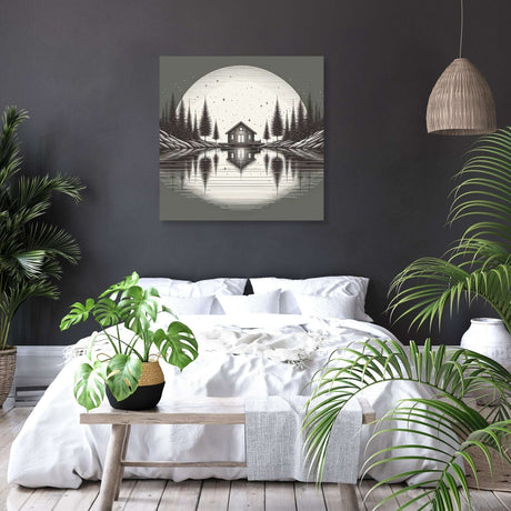 Serene Wall Art Canvas featuring a cabin by a lake surrounded by trees in a tranquil monochrome setting