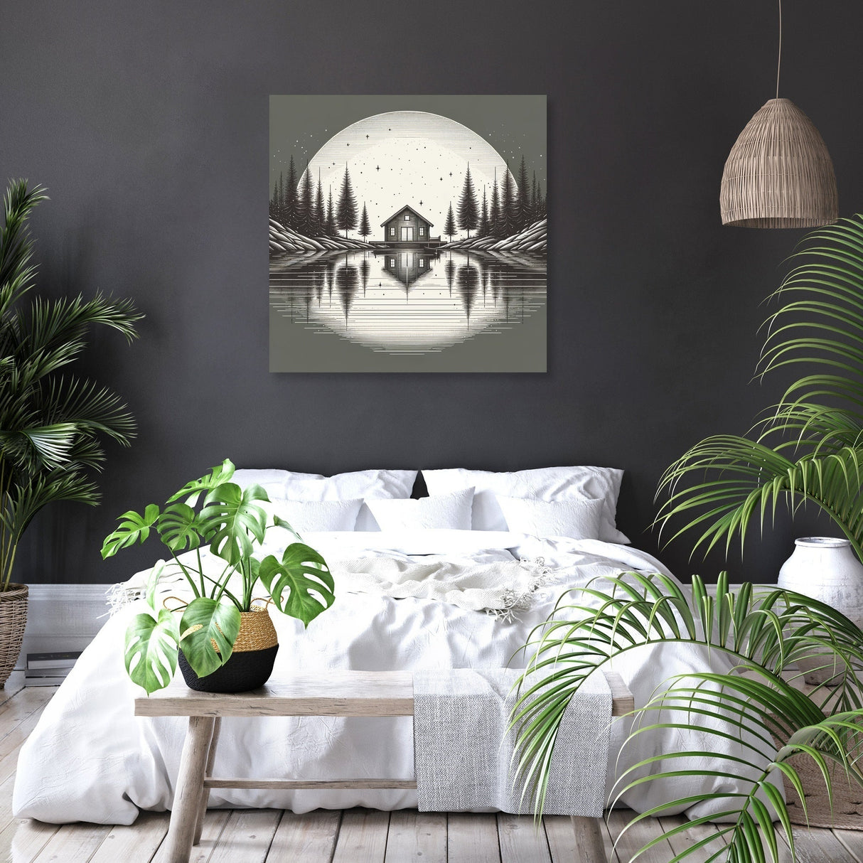 Serene Wall Art Canvas featuring a cabin by a lake surrounded by trees in a tranquil monochrome setting