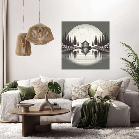 Stylish Wall Art Canvas of a serene lake scene with a cabin and trees, perfect for modern home decor