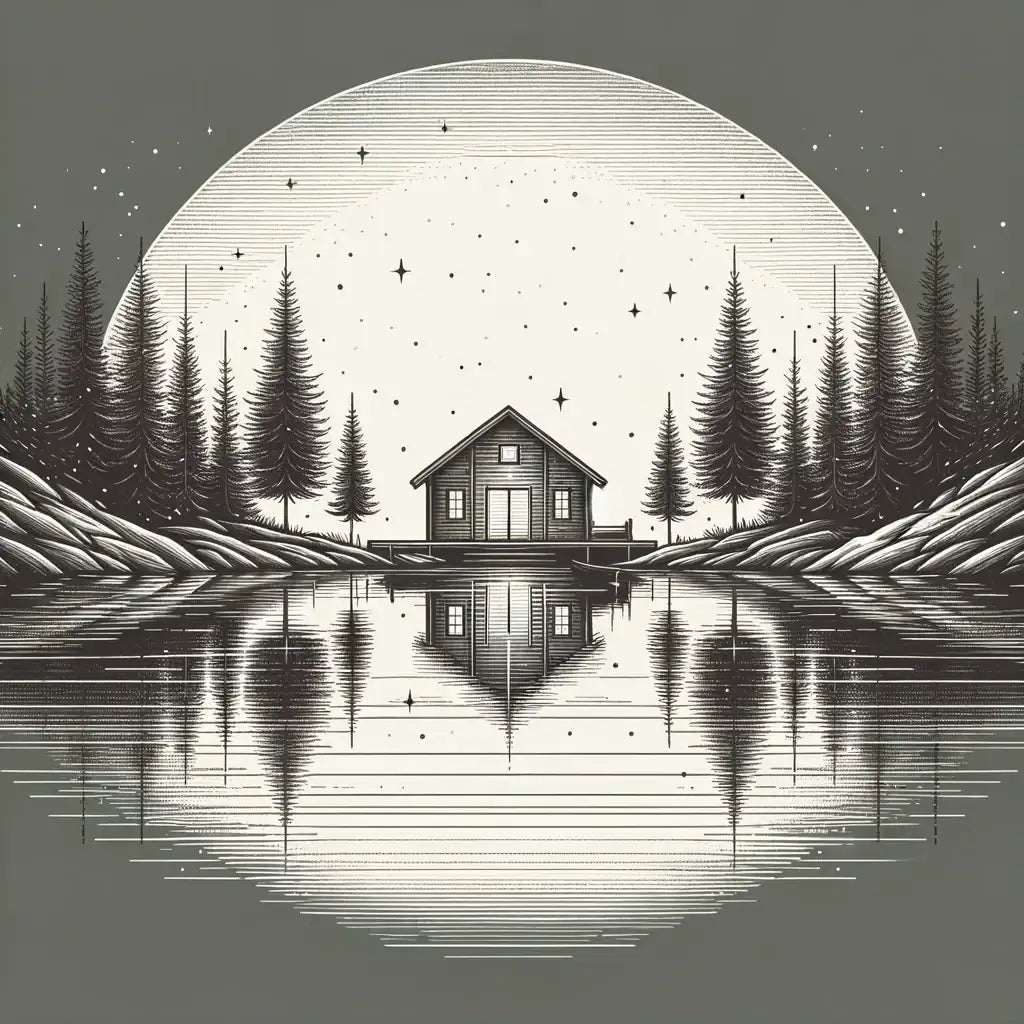 Stylish Wall Art Canvas featuring a serene lake scene with a house and towering pine trees
