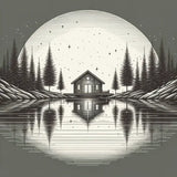 Stylish Wall Art Canvas featuring a serene lake scene with a house and towering pine trees