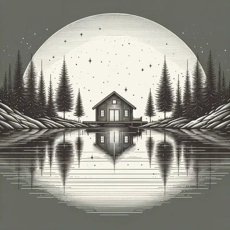 Stylish Wall Art Canvas featuring a serene lake scene with a house and towering pine trees