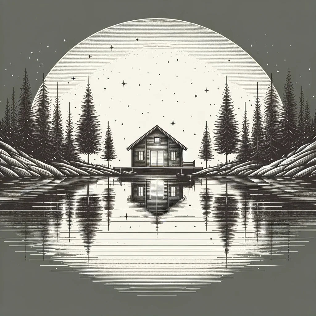 Stylish Wall Art Canvas featuring a serene lake scene with a house and towering pine trees
