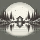 Stylish Wall Art Canvas featuring a serene lake scene with a house and towering pine trees