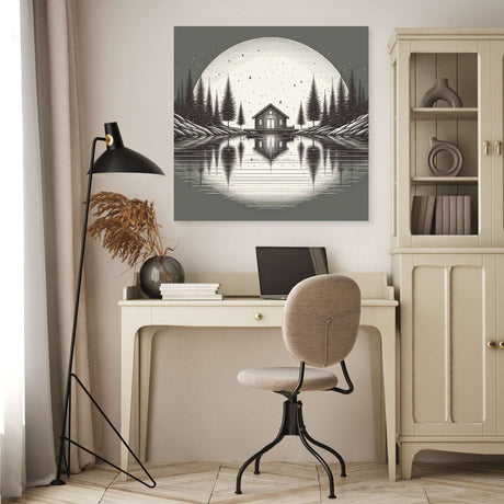 Beautiful Wall Art Canvas depicting a serene lakeside scene with trees and a cabin