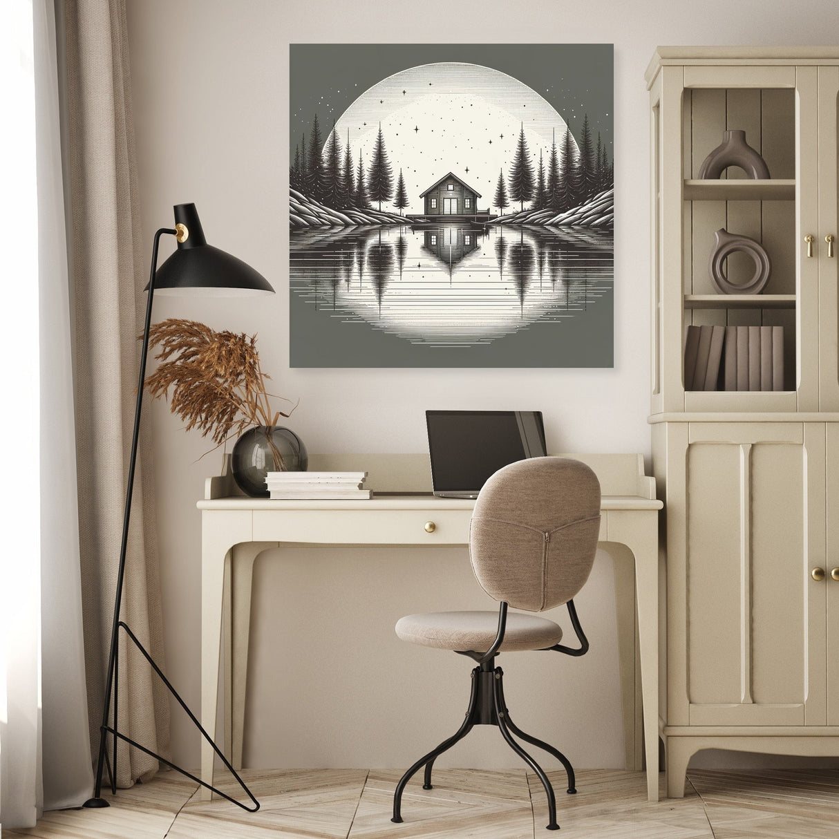 Beautiful Wall Art Canvas depicting a serene lakeside scene with trees and a cabin