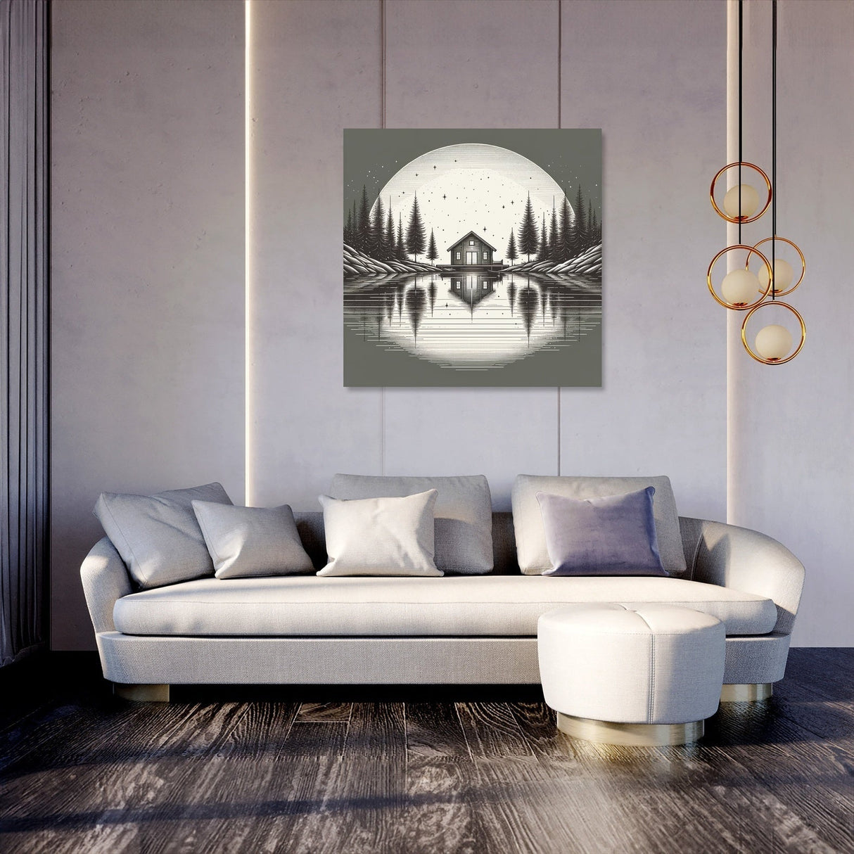 Beautiful Wall Art Canvas featuring a serene landscape with a cabin and trees, perfect for home decor