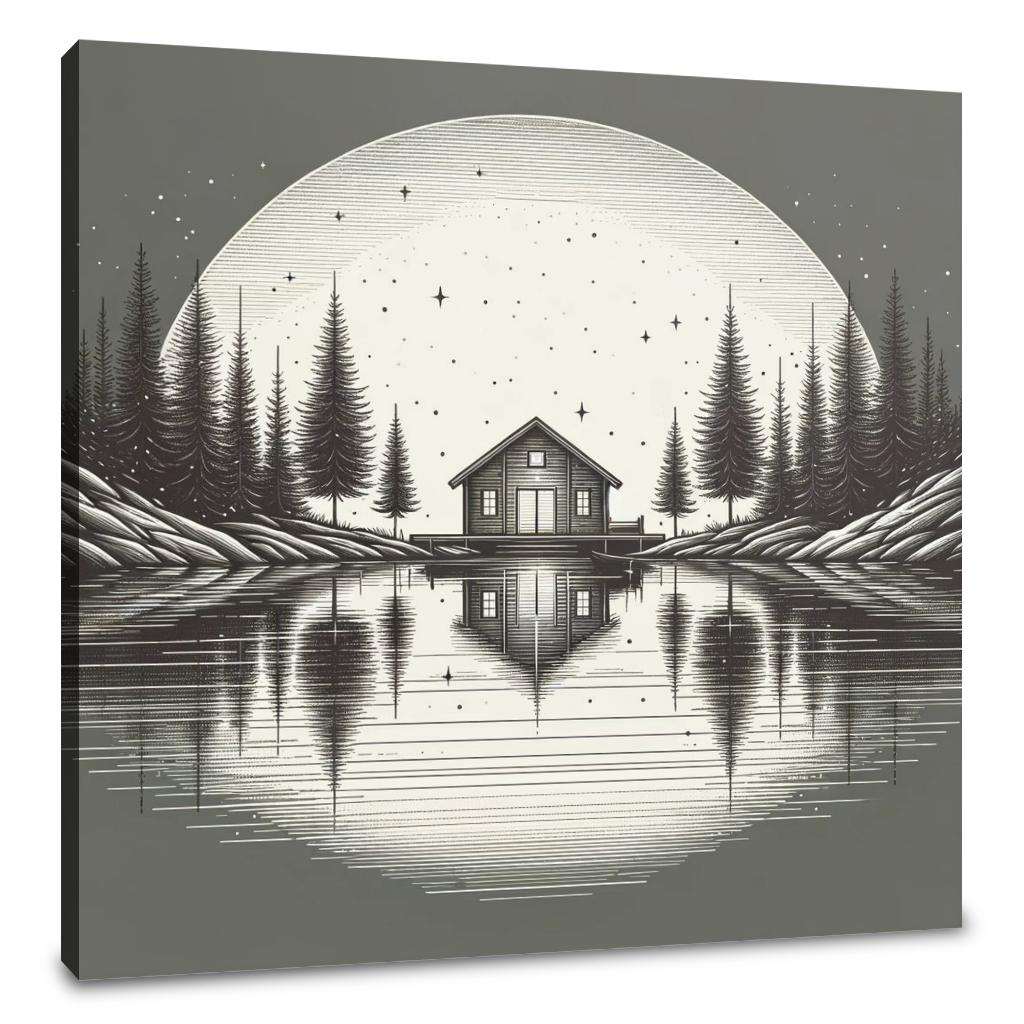 Serene Wall Art Canvas featuring a cabin by a lake under a full moon with pine trees