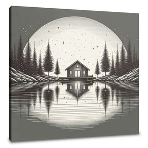 Serene Wall Art Canvas featuring a cabin by a lake under a full moon with pine trees