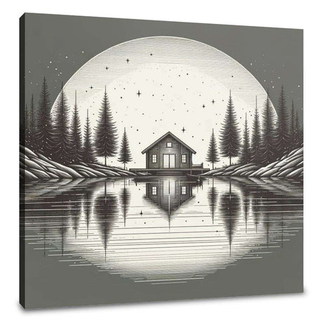Serene Wall Art Canvas featuring a cabin by a lake under a full moon with pine trees