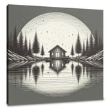 Serene Wall Art Canvas featuring a cabin by a lake under a full moon with pine trees