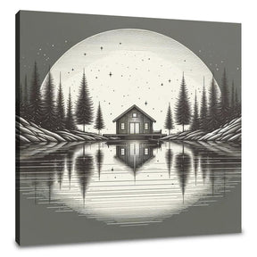 Serene Wall Art Canvas featuring a cabin by a lake under a full moon with pine trees