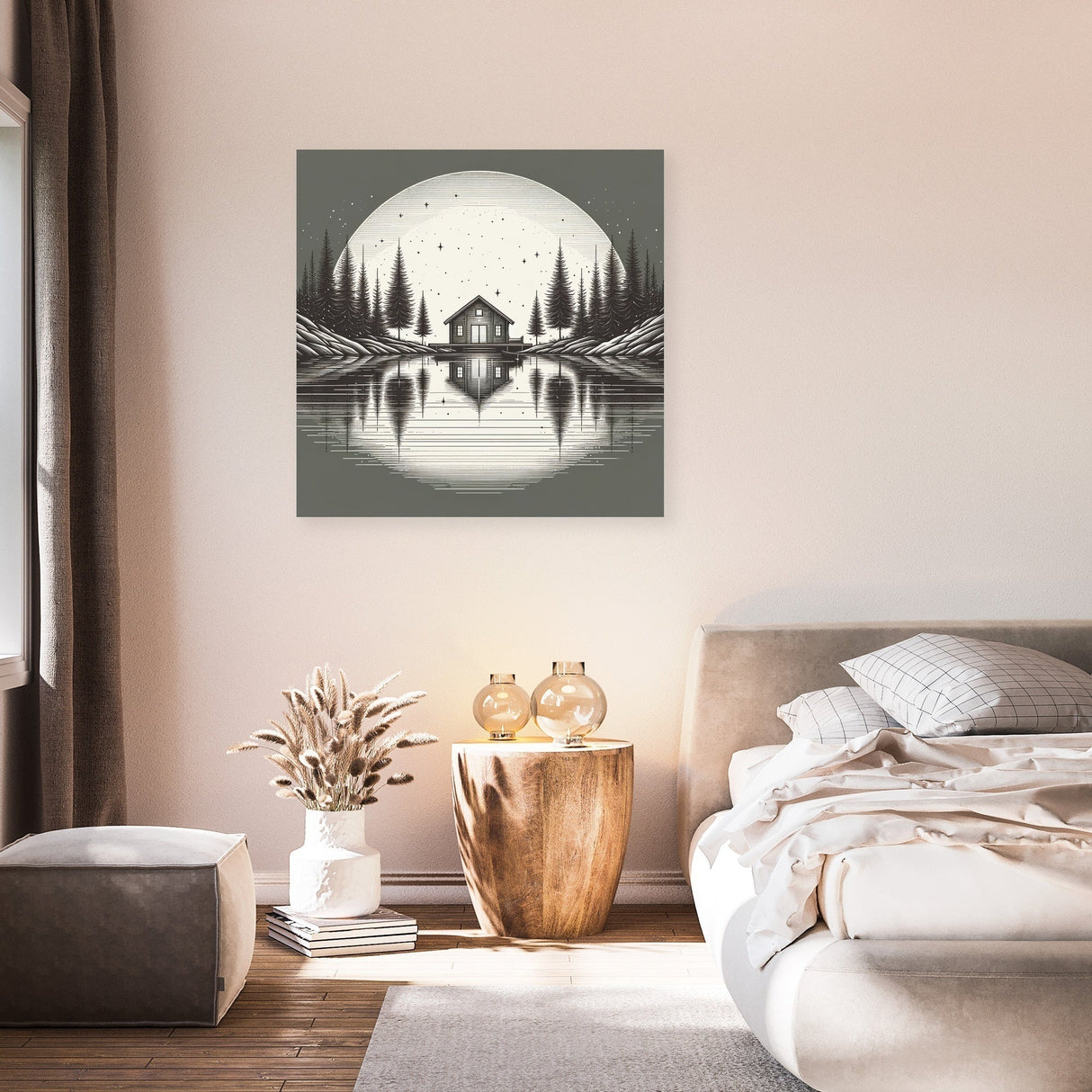Serene Wall Art Canvas featuring a tranquil house by a reflective lake surrounded by trees
