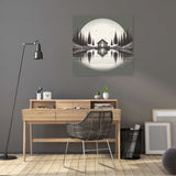 Serene wall art canvas featuring a tranquil cabin by a lake with forest reflections