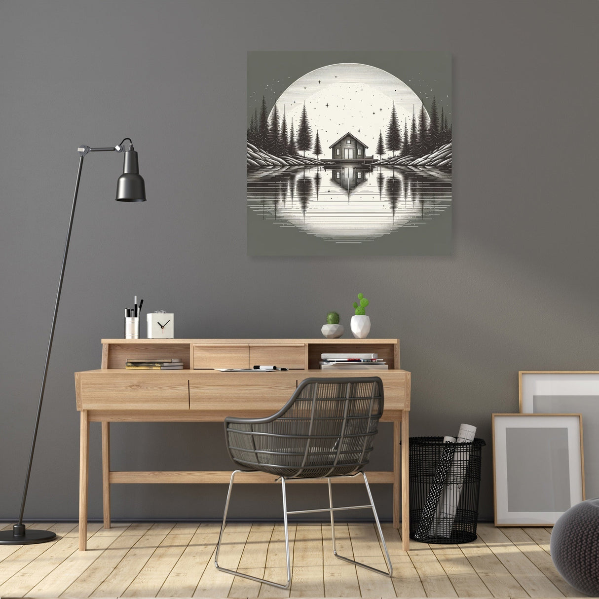 Serene wall art canvas featuring a tranquil cabin by a lake with forest reflections