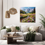 Beautiful Wall Art Canvas depicting a lush landscape with mountains and flowers for home decor