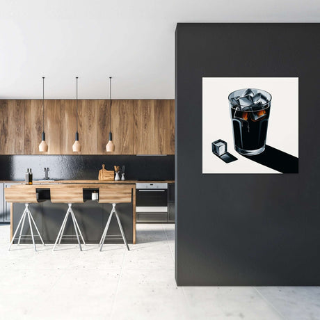 Stylish Wall Art Canvas featuring a glass of dark drink with ice cubes in a modern kitchen setting