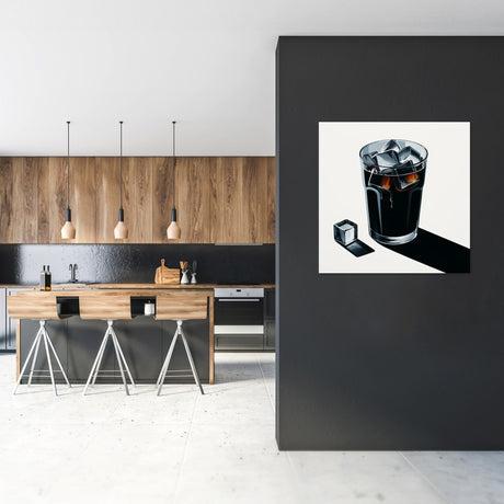 Stylish Wall Art Canvas featuring a glass of dark drink with ice cubes in a modern kitchen setting