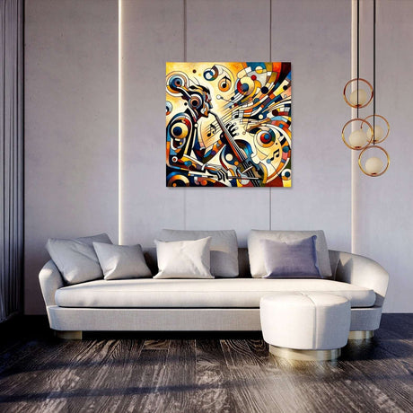 Vibrant abstract Wall Art Canvas depicting musical instruments in a stylish living room setting