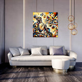 Vibrant abstract Wall Art Canvas depicting musical instruments in a stylish living room setting