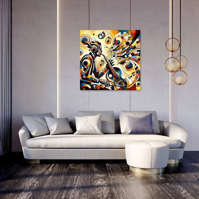 Vibrant abstract Wall Art Canvas depicting musical instruments in a stylish living room setting