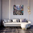 Contemporary Wall Art Canvas featuring a vibrant urban scene above a modern sofa