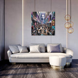 Contemporary Wall Art Canvas featuring a vibrant urban scene above a modern sofa
