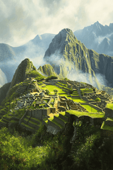 Stunning Wall Art Canvas featuring a scenic view of Machu Picchu with lush mountains and misty surroundings.