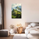 Beautiful Wall Art Canvas featuring a serene view of Machu Picchu in a stylish bedroom setting