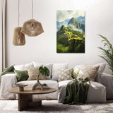 Beautiful Wall Art Canvas depicting Machu Picchu with lush greenery in a modern living room setting