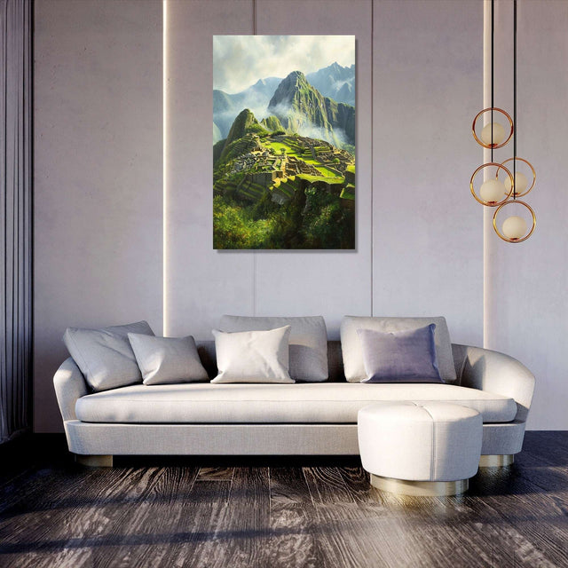 Beautiful Wall Art Canvas featuring Machu Picchu landscape in a modern living room setting