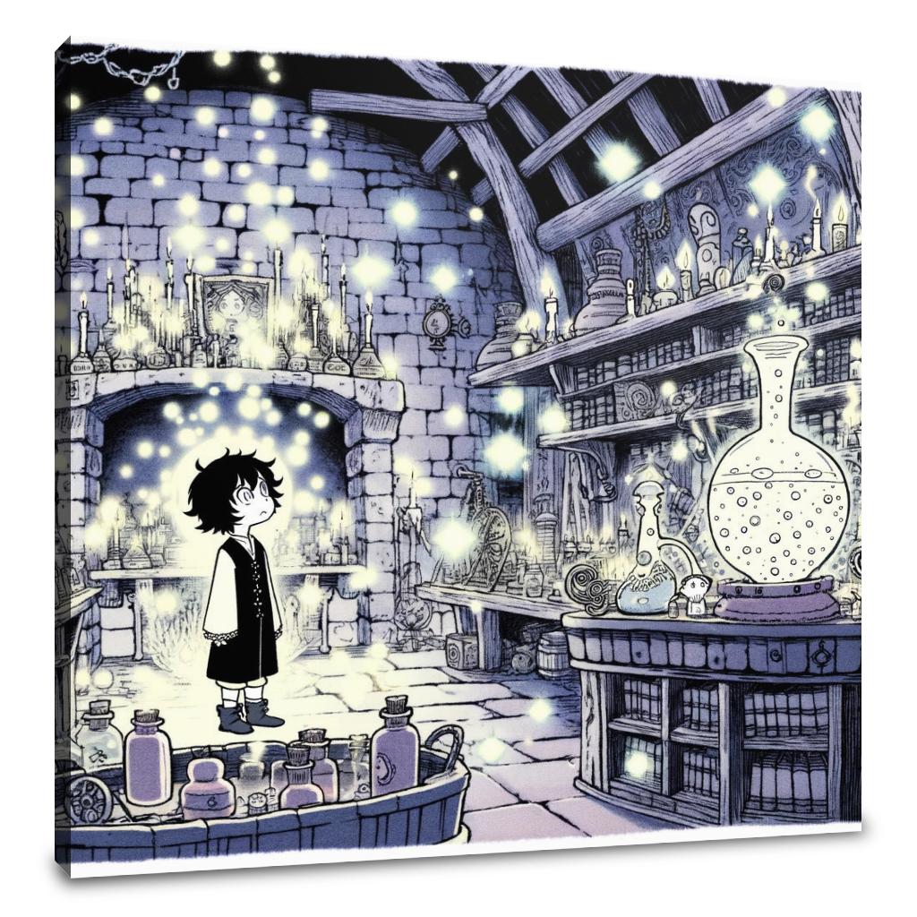 Magical Wall Art Canvas featuring a character in a mystical potion room filled with glowing bottles